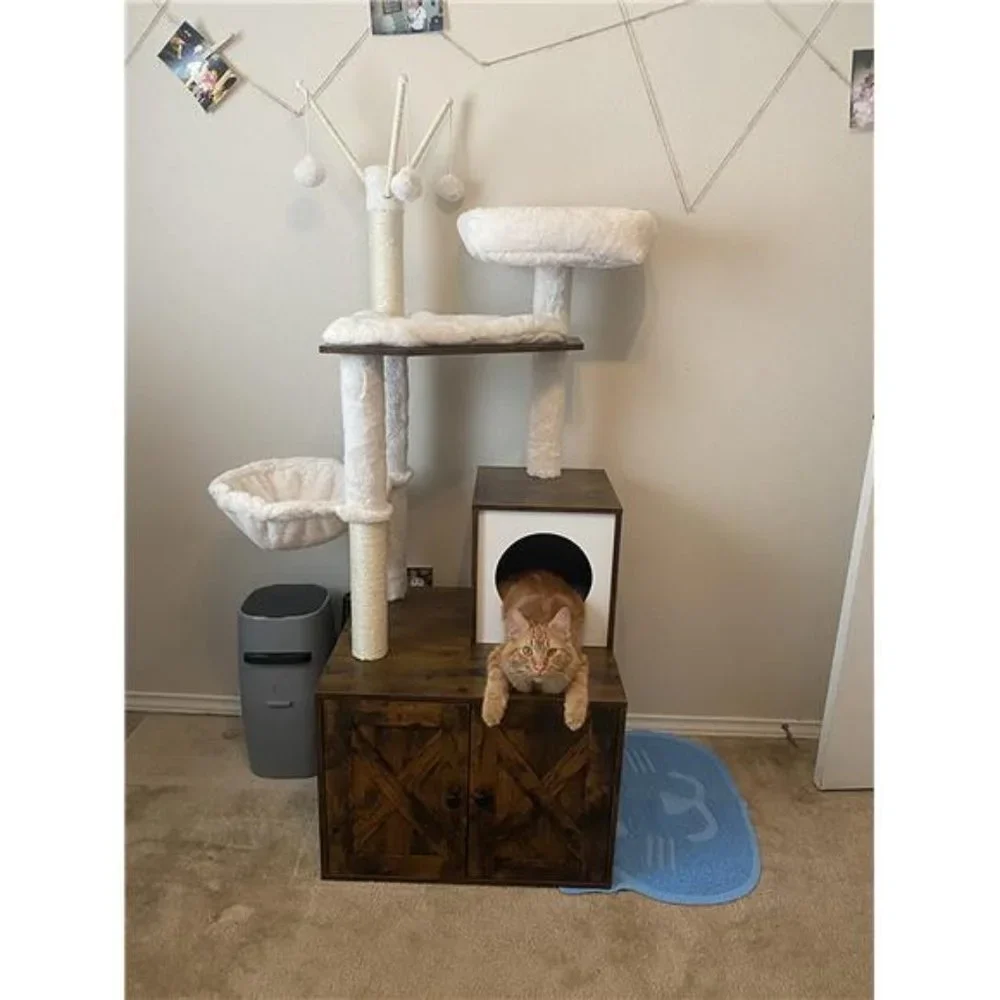 2-in-1 Modern Tower Cat Condo Cat Tree with Litter Box Enclosure, Rustic Brown
